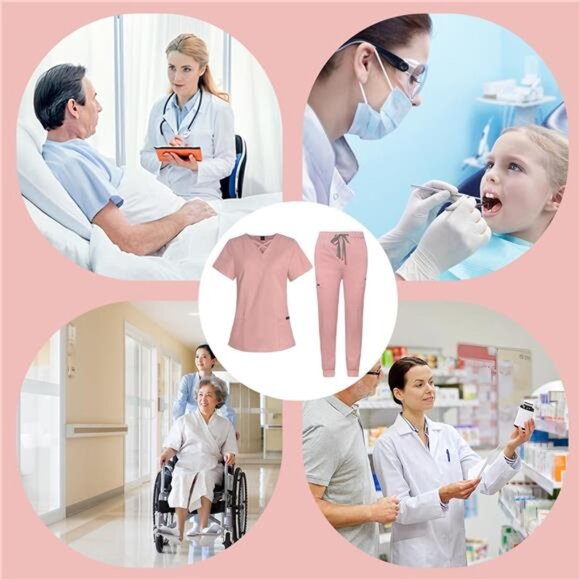 Scrubs for Women Set Modern V-Neck Top & 8 Pocket Jogger Pants Athletic Nursing - Picture 6 of 7